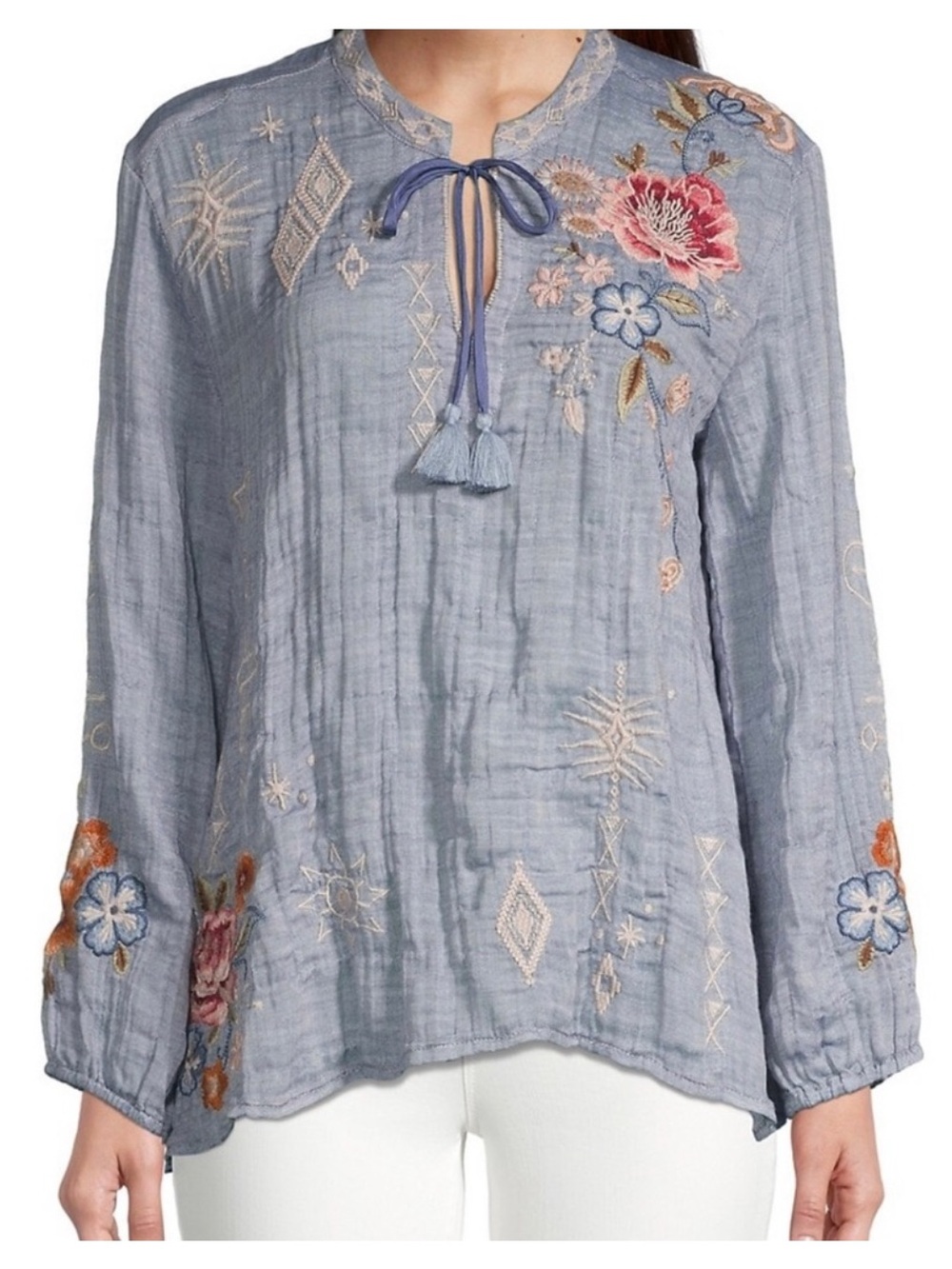 Johnny Was Umoya Effortless Scarf Back Blouse Embroidered Denim Blue Small $220